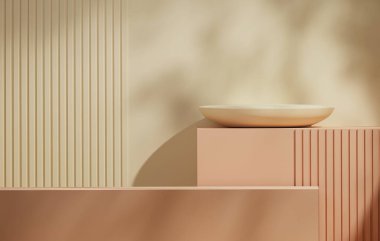 Geometrik podyum sergisi, kozmetik ürünleri ve güzellik ürünleri sergilemek için pastel renk arkaplanındaki yaprakların gölgelerini sergiliyor. 3 Boyutlu resimleme