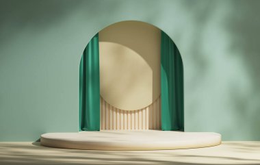 Geometrik ekran, kozmetik ürünleri ve güzellik ürünlerini sergilemek için pastel renk arkaplanındaki yaprakların gölgelerini sergiliyor. 3 Boyutlu resimleme