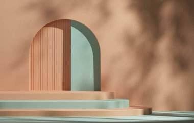 Geometrik podyum sergisi, kozmetik ürünleri ve güzellik ürünleri sergilemek için pastel renk arkaplanındaki yaprakların gölgelerini sergiliyor. 3 Boyutlu resimleme