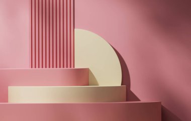 Geometrik podyum sergisi, kozmetik ürünleri ve güzellik ürünleri sergilemek için pastel pembe arka plandaki yaprakların gölgelerini sergiliyor. 3 Boyutlu resimleme