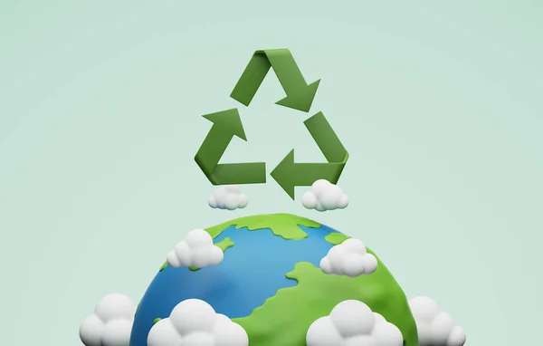 Planet earth with recycling arrows on green background. Reuse caring for environment and environmentally friendly business. 3d render illustration.