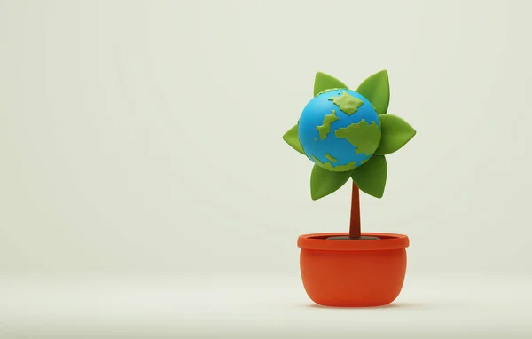 地球と白い背景に葉 再生可能資源地球環境の持続可能性環境保護 3Dレンダリング図 — ストック写真