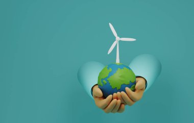 Mavi arka planda enerji rüzgârı türbiniyle dünyayı tutan insan. Dünya günü yeşil enerji yenilenebilir kaynaklar küresel çevrenin sürdürülebilirliği, çevre koruması. 3d resimleme.