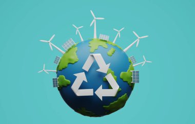 Çevresel olarak sürdürülebilir alternatif enerji ve yeşil enerji olarak Dünya 'nın temiz enerjisi geri dönüşüm sembolü. 3d resimleme