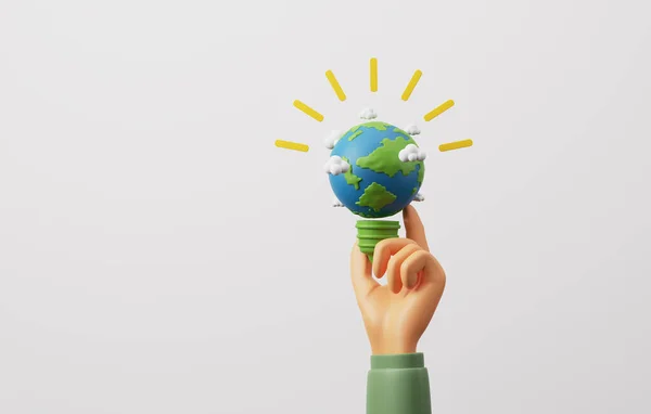 白い背景の電球に電球と地球を保持手 世界中のクリーンエネルギーの利用と持続可能な環境保護 環境のためのEsg 3Dレンダリング図 — ストック写真