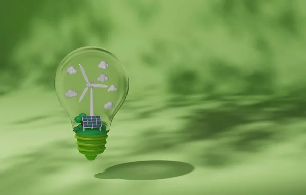 Green energy technology, environmentally sustainable renewable energy. Clean energy windmill on Light bulb on green background. 3d render illustration.
