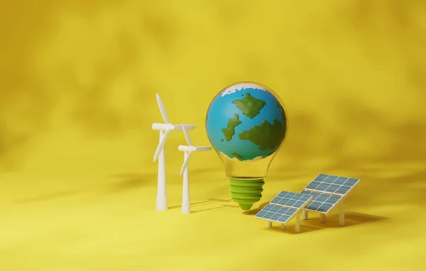 Green energy technology, environmentally sustainable renewable energy. Clean energy windmill on Light bulb on yellow background. 3d render illustration.