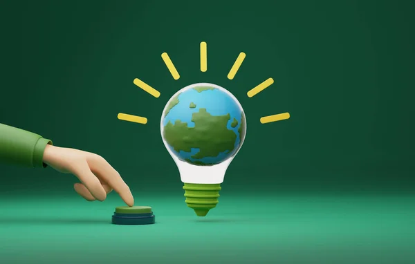 Hand pressing start button light bulb on green background. Clean energy use and sustainable environmental protection around world; ESG for environment. 3D render illustration.