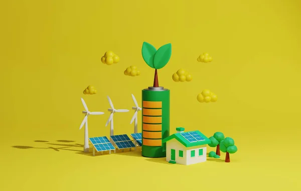 Green renewable energy house with solar panels and wind turbines, clean energy and environmentally sustainable alternative energy with energy storage in battery. 3d render illustration.