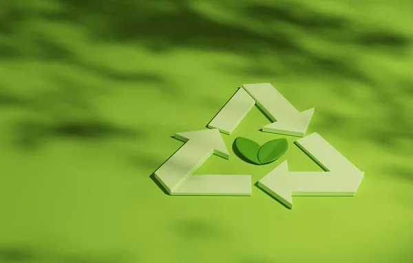 Recycle symbol and green tree sapling on green background. 3d render illustration.