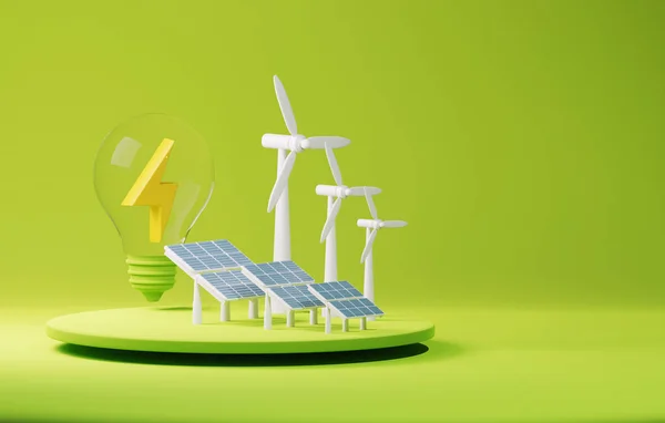 グリーンエネルギー技術 環境に持続可能な再生可能エネルギー 緑の背景に電球上のクリーンエネルギー風車 3Dレンダリング図 — ストック写真