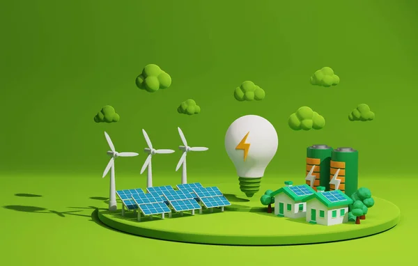 グリーンエネルギー技術 環境に持続可能な再生可能エネルギー 緑の背景に電球上の家とクリーンなエネルギー風車 3Dレンダリング図 — ストック写真