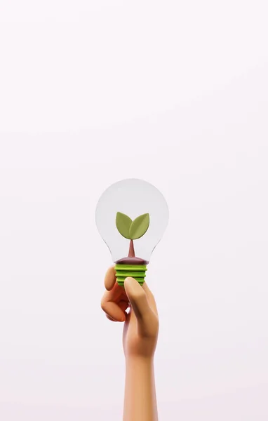 白い背景に電球に緑の葉を保持手 クリーンエネルギー消費と持続可能な環境保護 環境のためのEsg 3Dレンダリング図 — ストック写真
