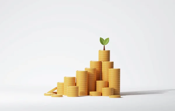 Business growth, finance and profit. Tree on a pile of developed coins growing on white background. 3d render illustration.