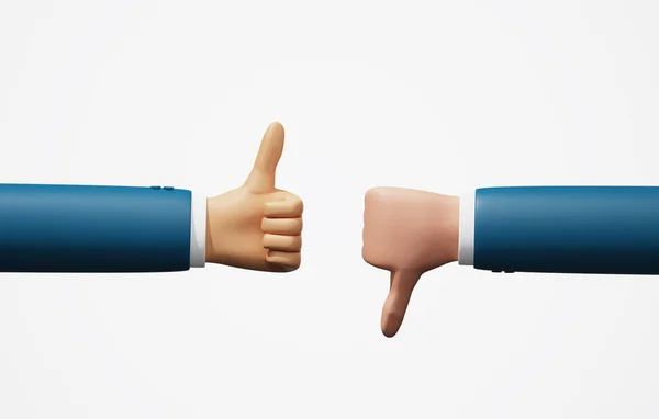 Businessman hand thumbs up and down on white background. Disagreement excellent and bad satisfaction rating. 3d render illustration.