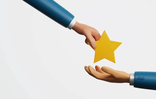Hand holding a star handed over to an employee on a white background. Employee appraisal rating assessment of success feedback work or service. 3d render illustration.