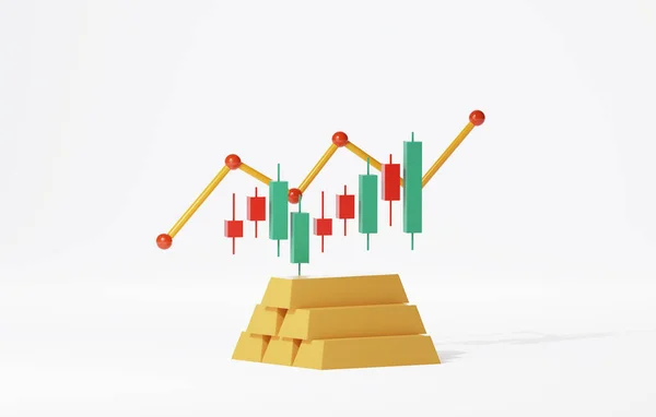 Candlestick chart graphs and gold bars buying and selling gold bullion, upward arrow graphs, gold market growth and Investment. 3D render illustration.
