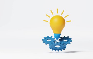 Beyaz arka plandaki sarı parlayan ampul ve dişli dişliler yaratıcılıktan ve yenilikten esinlenmişlerdir. 3 Boyutlu resimleme.