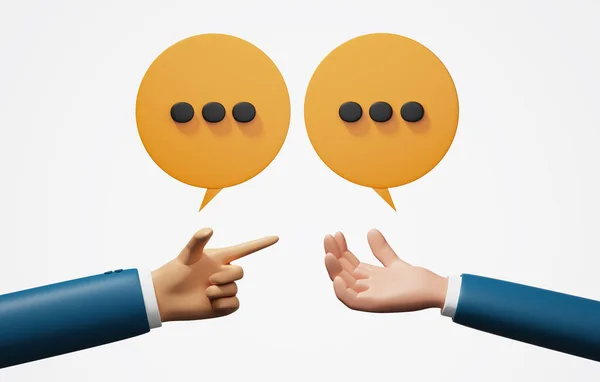 Two businessmen, business conversation, speech bubbles on white background. Discussion business verbal or oral communications. 3d render illustration.