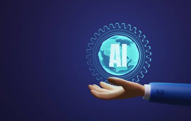 Üzerinde fütürist yapay zeka olan hologram küresi bir iş adamının ya da geliştiricinin elinde. Yapay zeka teknolojisi öğrenme teknolojisi çevrimiçi. 3d resimleme.