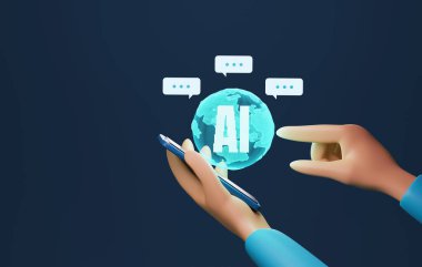 İş adamı, ChatGpt üzerinden yapay zeka Q & A sohbeti ya da yapay zeka teknolojisiyle sohbet ediyor. Çevrimiçi sistemin gelecekteki teknolojisi. 3d resimleme.
