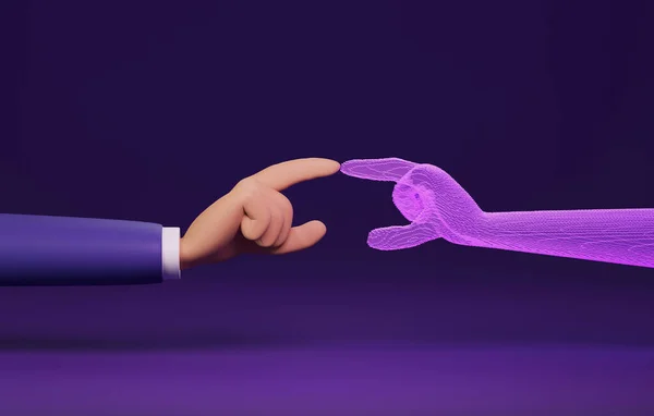 人間の手のタッチとAiは 人間と仮想世界の間の人間と人工知能の接続との間の指のリンクに触れようとしています 3Dレンダリング図 — ストック写真