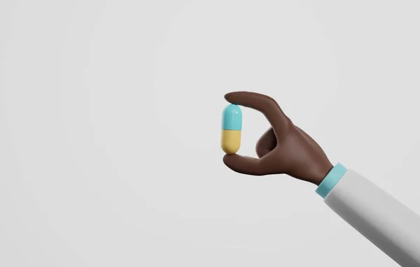 白い背景にアフリカ系アメリカ人の手のカプセルを保持医師 抗生物質抗ウイルス薬医薬品治療 3Dレンダリング図 — ストック写真