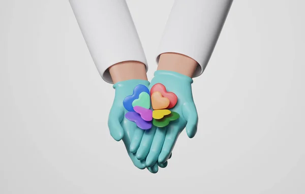 Doktorun elinin gökkuşağı kalbiyle yakın çekimi. Lezbiyen, gey, biseksüel için LGBTQ + temsilcisi. Güvenilir tıbbi bakım. Transseksüel için. 3 Boyutlu resimleme.