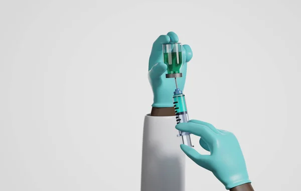 戴橡胶手套的非裔美国医生拿着白底疫苗瓶和注射器 在医疗保健中使用抗病毒疫苗治疗软骨鱼19型或流感病毒 3D渲染说明 — 图库照片