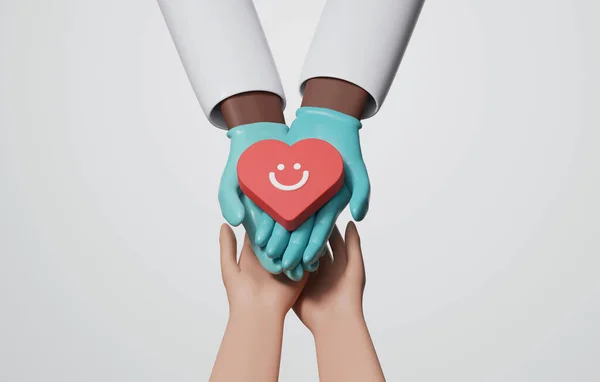 Doctor african american in medical gloves and patient holding heart, happy face on white background. Happy health care from treatment, heart care, health insurance. 3D render illustration.