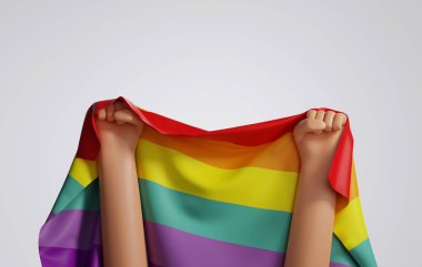 LGBTQ çalışanları gökkuşağı bayrağıyla el kaldırsın. Gurur Ayı 'nı kutlamak için gey ve lezbiyen eşitliği, homoseksüellik. 3 Boyutlu resimleme.
