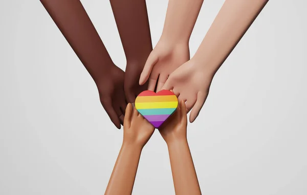 Diversidade Étnica Família Lgbtq Mãos Com Símbolo Coração Arco Íris — Fotografia de Stock
