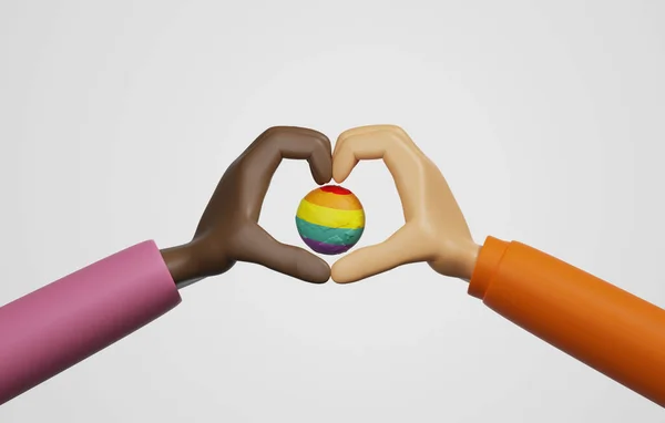 Two Lgbtq Multiracial Hands Making Heart Symbol Rainbow Planet Celebrate — Stock Photo, Image