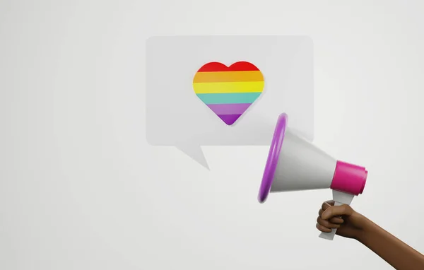 Lgbtq Man Hand Holding Megaphone Text Rainbow Hearts Celebrate Pride — Stock Photo, Image