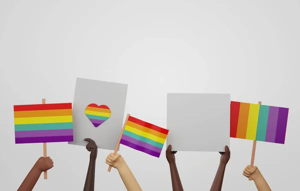 Ethnic Diversity Lgbtq People Holding Banners Placards Rainbow Flags Pride — Stock Photo, Image