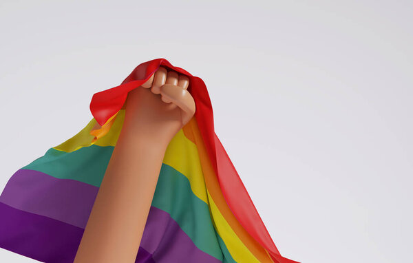 ЛГБТК поднимают руки с радужным флагом. To celebrate Pride Month gay and lesbian equality, homosexuality. 3D-рендеринг.