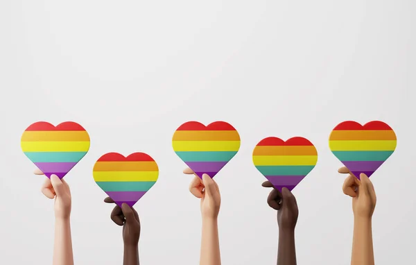 Diversidade Étnica Lgbtq Levantou Mãos Com Símbolo Coração Arco Íris — Fotografia de Stock