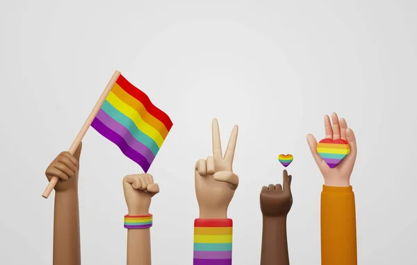Ethnic Diversity Lgbtq People Raised Hands Rainbow Flags Hearts Celebrate — Stock Photo, Image