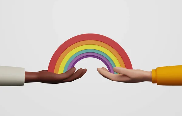 Two Lgbtq Multiracial Hands Making Heart Symbol Rainbow Celebrate Pride — Stock Photo, Image