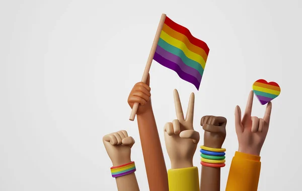 Ethnic Diversity Lgbtq People Raised Hands Rainbow Flags Hearts Celebrate — Stock Photo, Image
