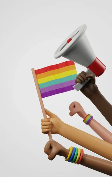 Ethnic Diversity Lgbtq People Raising Hands Holding Megaphone Flag Rainbow — Stock Photo, Image