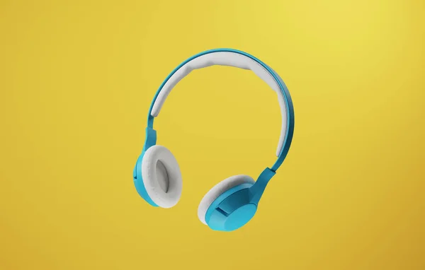 Stylish Bright Blue Ear Wireless Headphones Isolated Yellow Background Listening — Stock Photo, Image