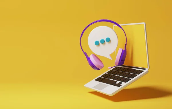 Headphones with microphone with speech bubble question mark chat icon via laptop. Customer consultation service online, Call center sign telemarketing. 3D render illustratio
