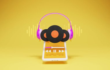 Akıllı telefon ve kablosuz kulaklıkla çevrimiçi müzik hizmeti uygulaması. Sarı arka plandaki akıllı telefondan pikabıyla müzik çalmak. 3d resimleme