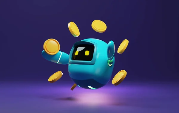 Niebieski Robot Trzymający Monetę Fioletowym Tle Pomocą Sztuczna Inteligencja Zarabia — Zdjęcie stockowe