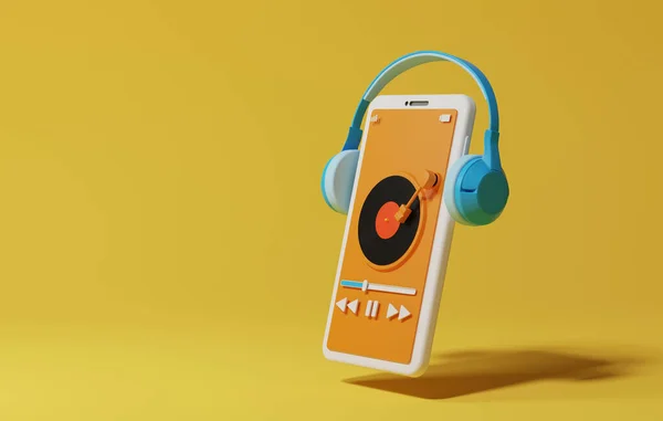 Online music streaming service application via smartphone with wireless headphones. Playing music with turntable on yellow background smartphone. 3d render illustration