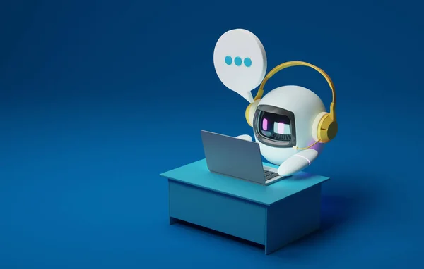 Yapay zekayla parlak sohbet teknolojisine sahip robot ya da sohbet yapay zekası ya da Chat Al aracılığıyla online danışma, geleceğin teknolojisi. 3d resimleme.