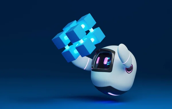 Lindo Robot Con Tecnología Blockchain Holograma Innovación Tecnológica Blockchain Red — Foto de Stock