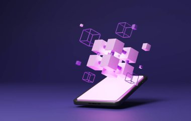 Touch blockchain technology on smartphones. Future Technology Concept Blockchain Cryptocurrency. 3d render illustration.