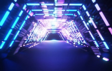 Büyüleyici bir 3 boyutlu canlandırma, harmanlama teknolojisi, geometri ve soyut tasarım ile fütüristik parlak bir koridor keşfedin. İleri teknoloji, fütüristik kavramlar için mükemmel. 3d resimleme